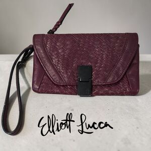 Elliott Lucca Woven Leather Convertible Clutch Wristlet Burgundy